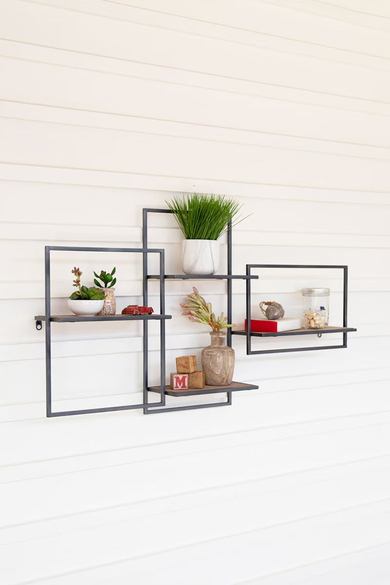 Multi Level Wood and Metal Wall Shelf