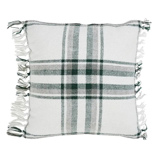 Harper Plaid Green White Pillow Fringed