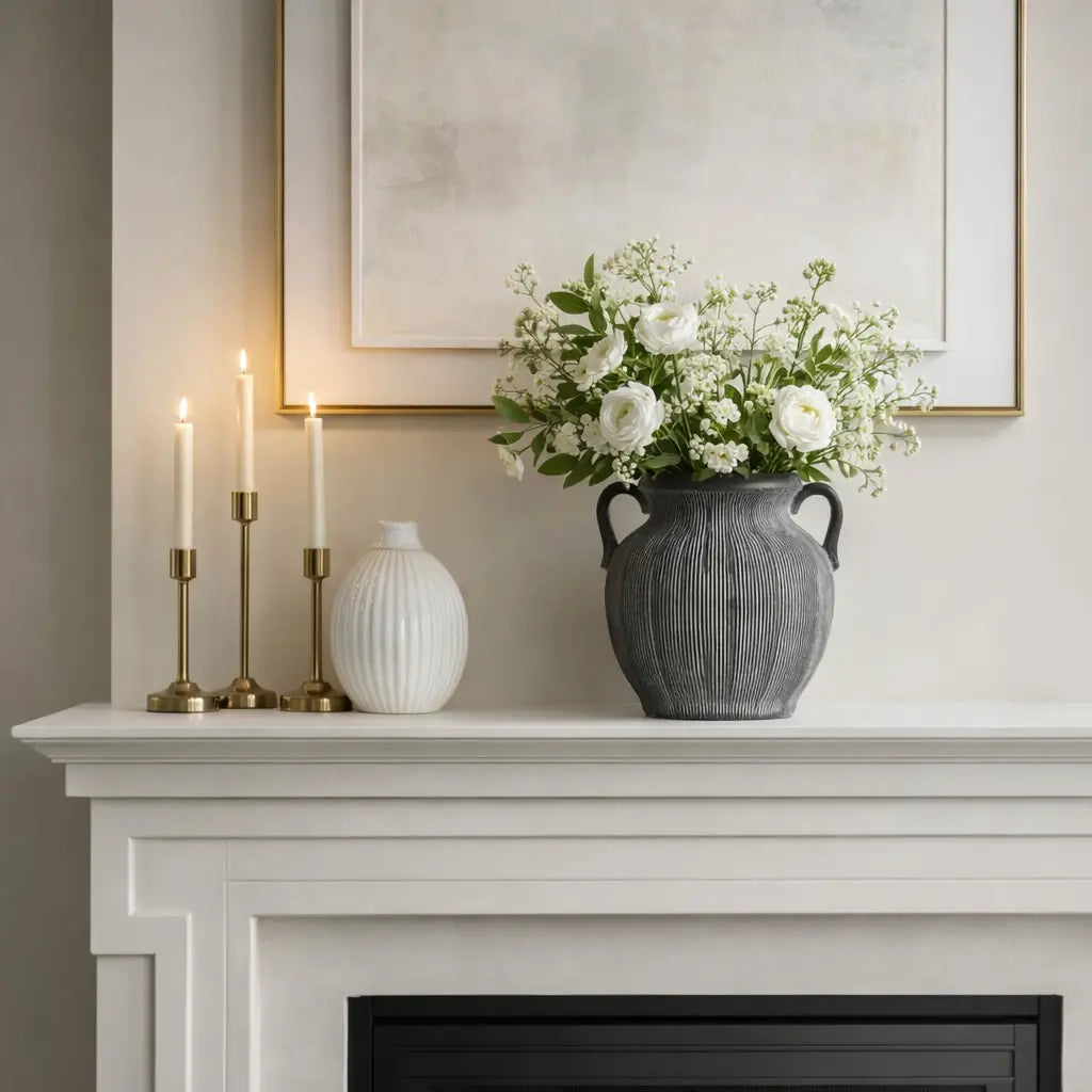 Ceramic Ribbed Texture Weathered Handle Vase - Black