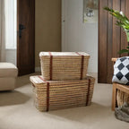 Artisan Woven Wicker Storage Basket, Leather Handles.