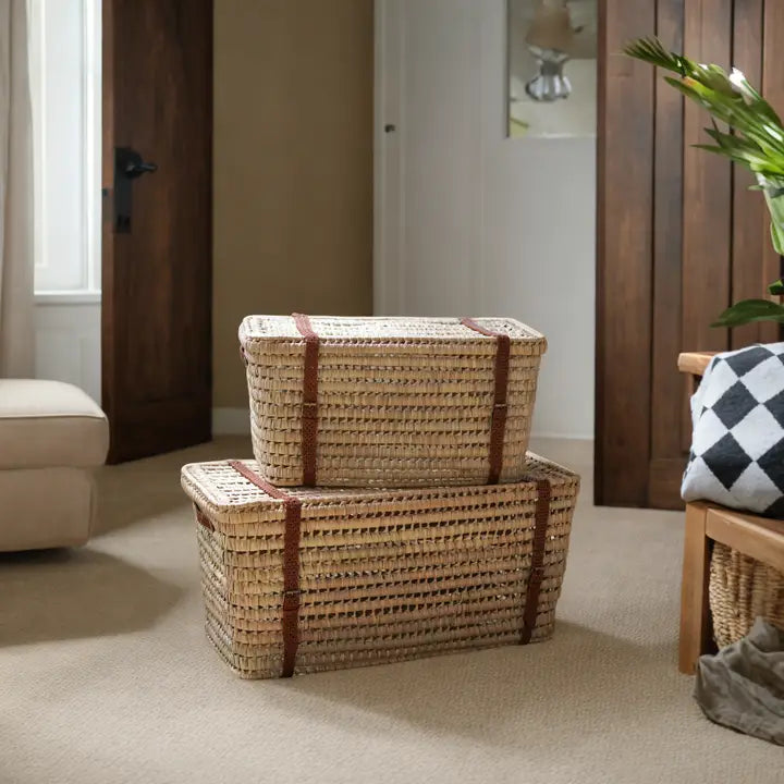 Artisan Woven Wicker Storage Basket, Leather Handles.