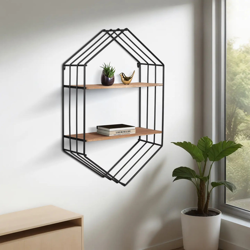 Wall Shelf - Brown/Black Metal Wood Hexagon Framed