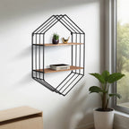 Wall Shelf - Brown/Black Metal Wood Hexagon Framed
