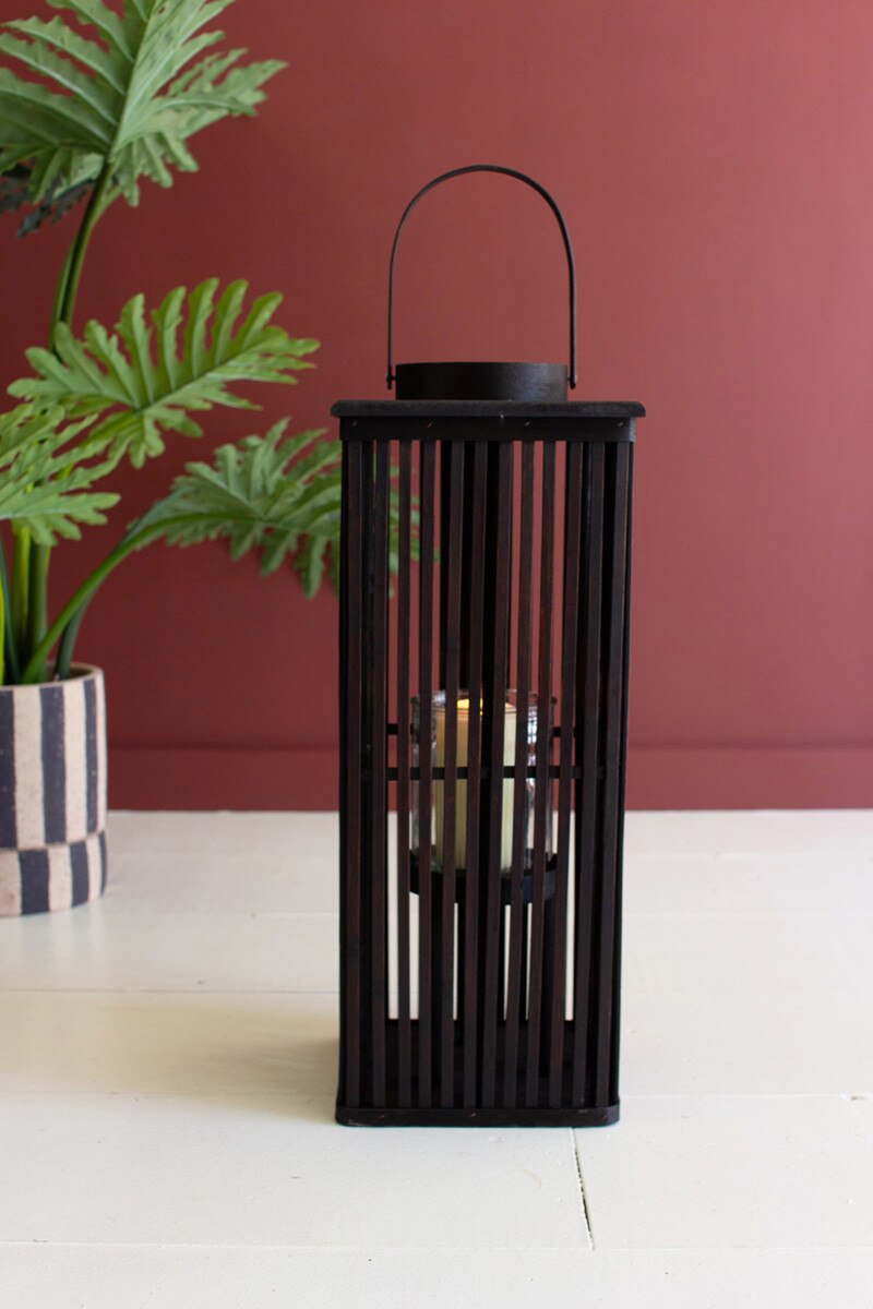 Brown Rectangle Bamboo Lantern with Glass Insert
