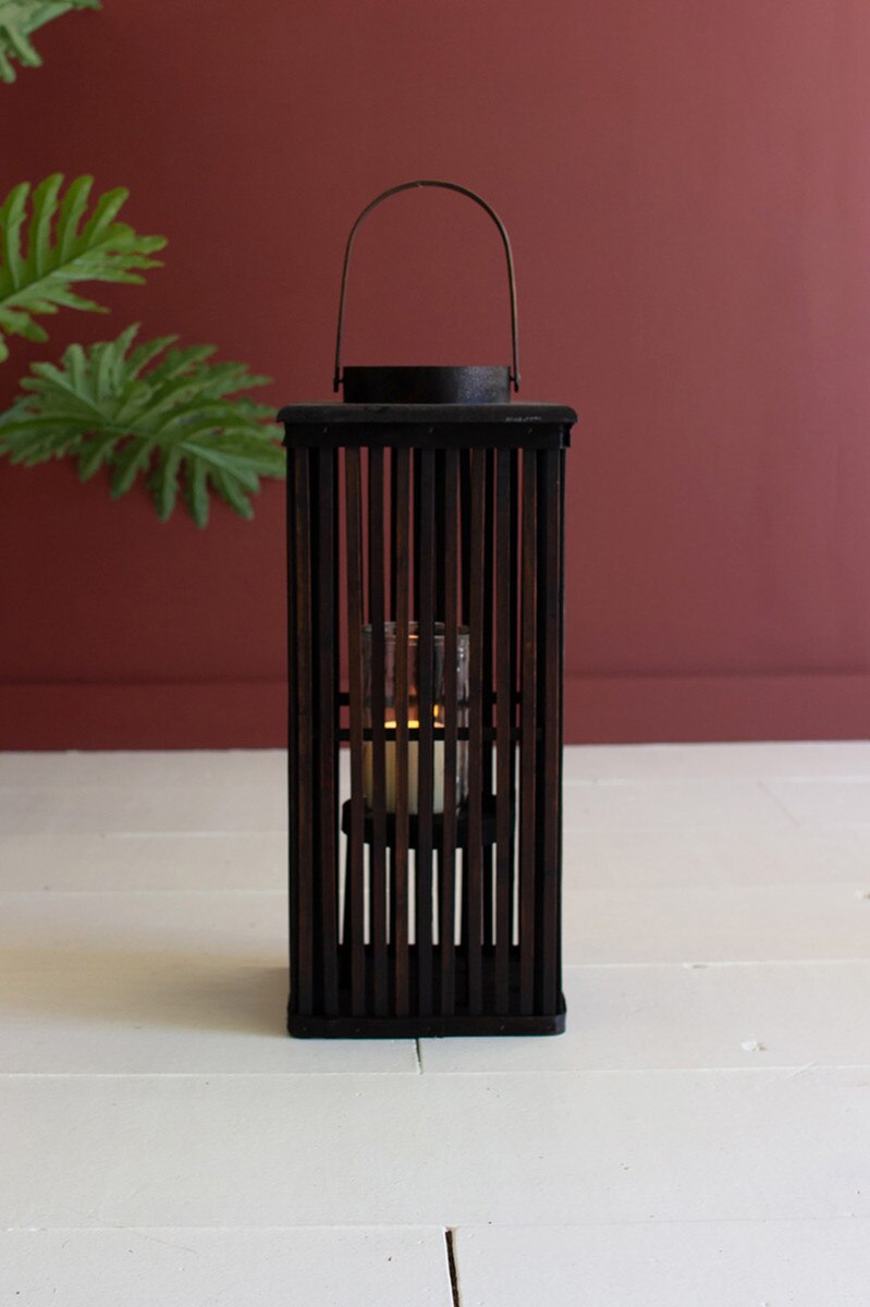 Brown Rectangle Bamboo Lantern with Glass Insert