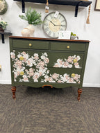 Dark Green Dresser with Floral Accents