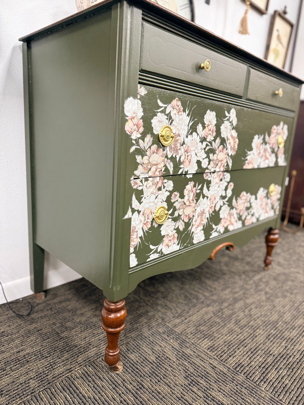 Dark Green Dresser with Floral Accents