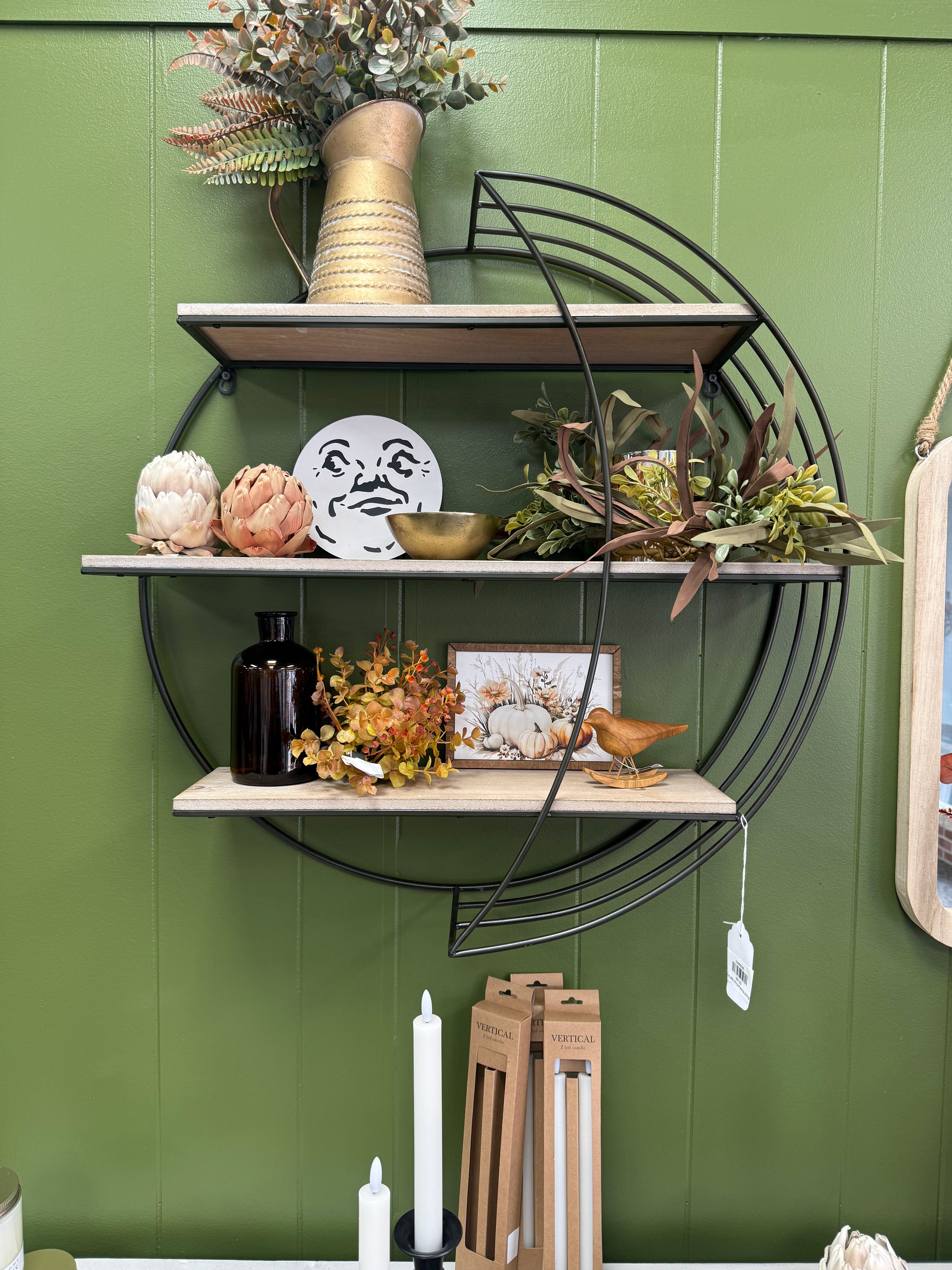 Round Wood and Iron Wall Shelf