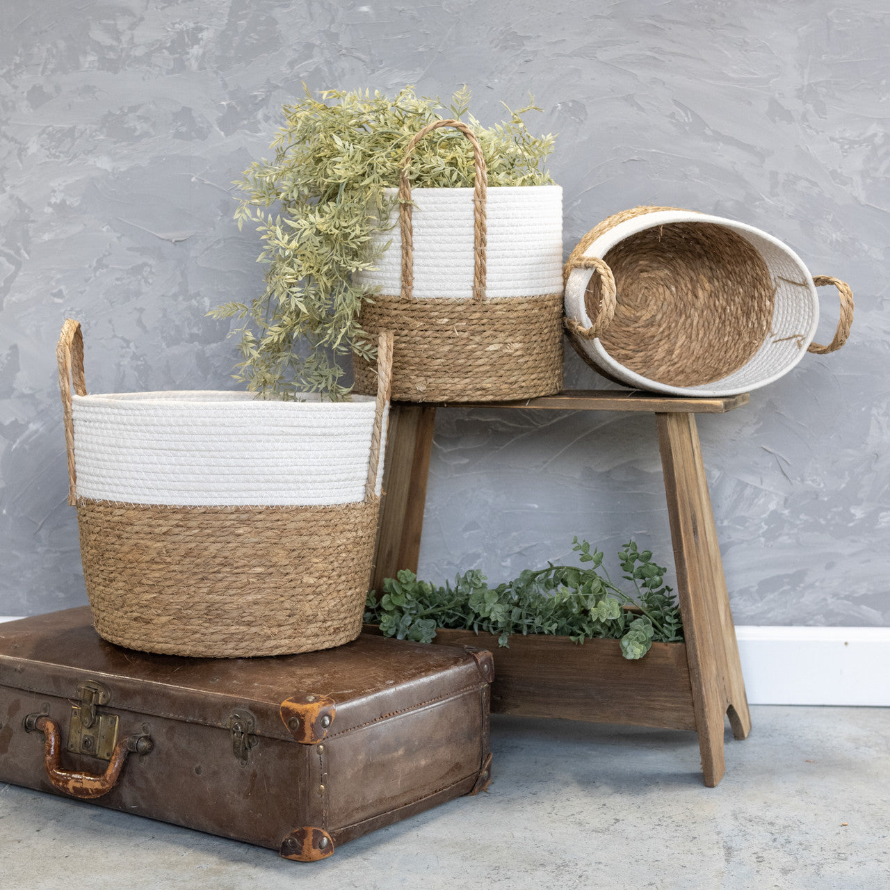 TWO TONE RATTAN BASKETS W/ HANDLES