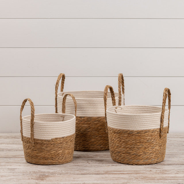 TWO TONE RATTAN BASKETS W/ HANDLES