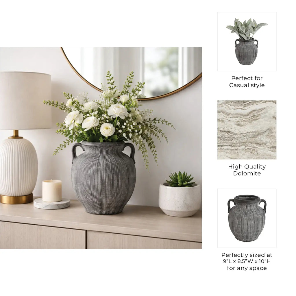 Ceramic Ribbed Texture Weathered Handle Vase - Black