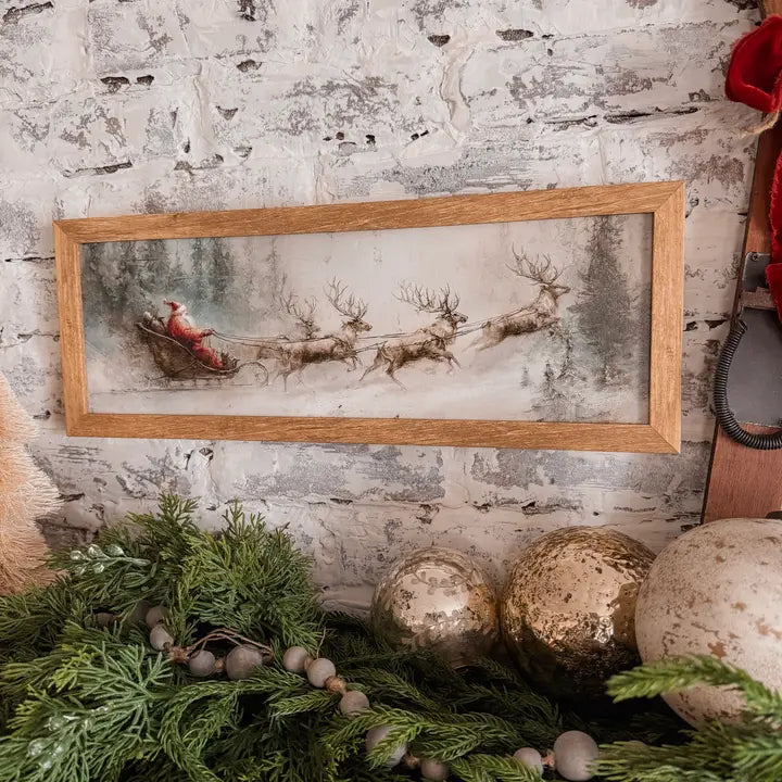 Santa Sleigh with Reindeer Vintage Wood Sign