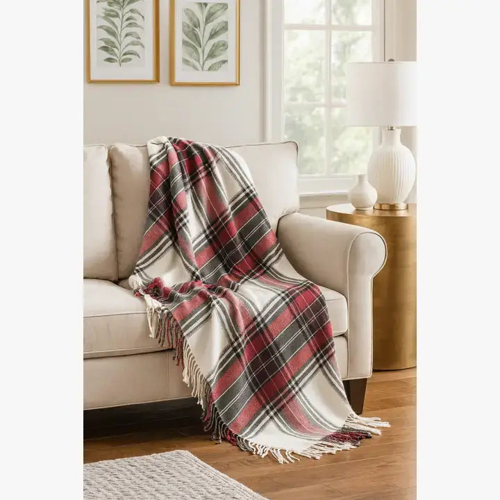 Classic Plaid Pattern Tassel Trim Throw Blanket