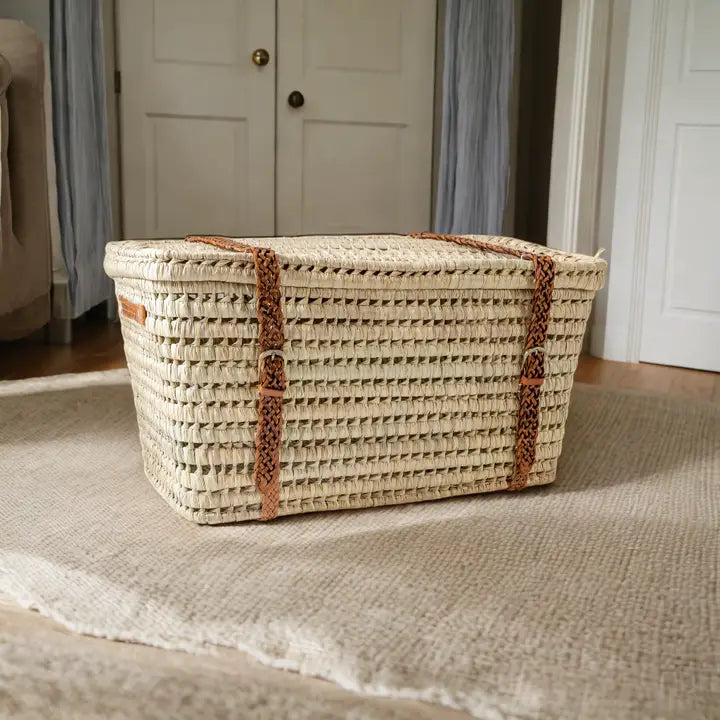 Artisan Woven Wicker Storage Basket, Leather Handles.