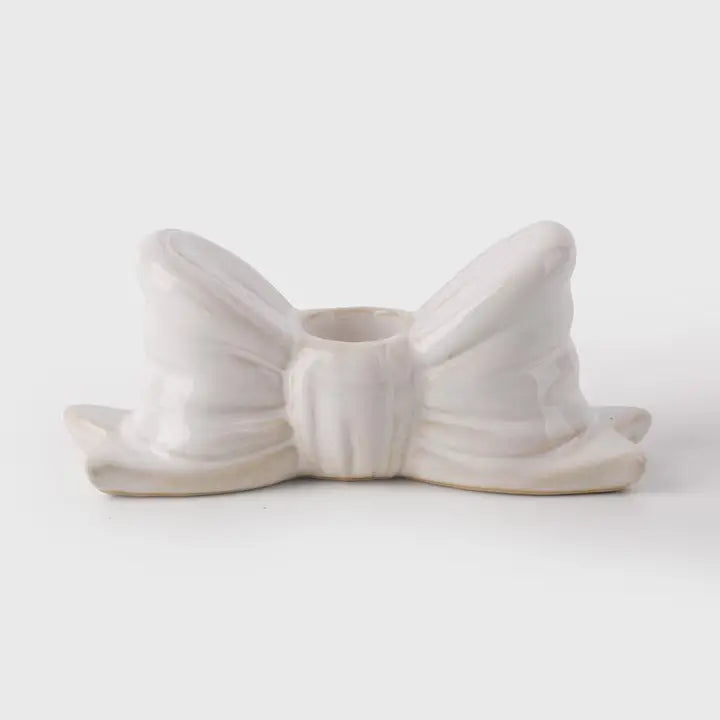 Ceramic Bow Taper Candle Holder, White,