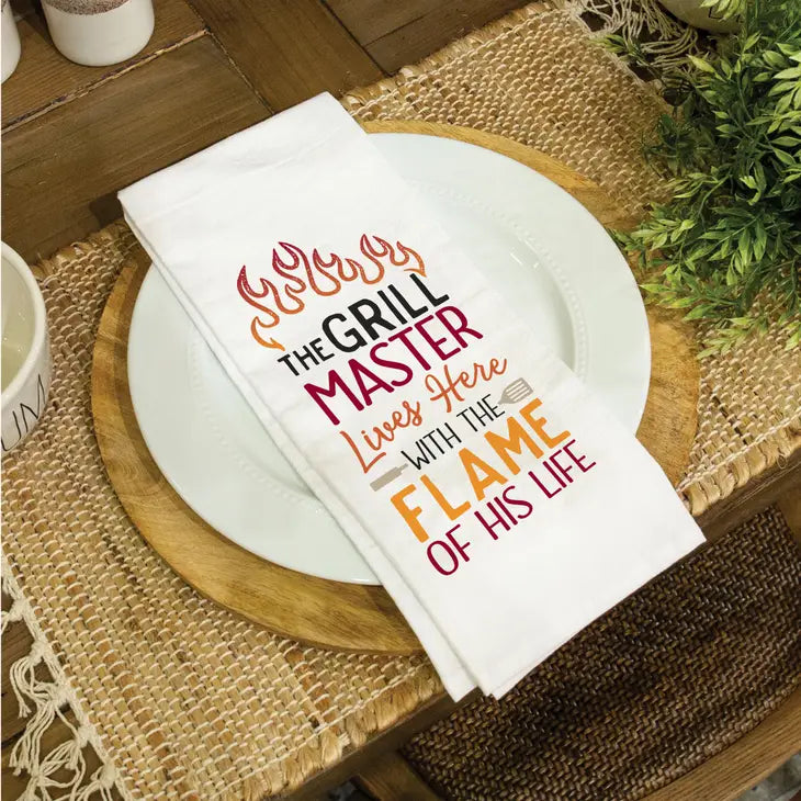 The Grill Master Lives Here With The Flame Of His Life Tea Towel