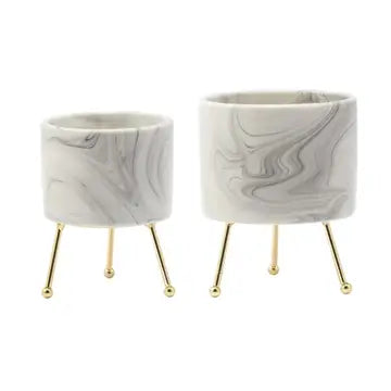 Ceramic Marble Glazed Mini Pot w/ Gold Metal Stand