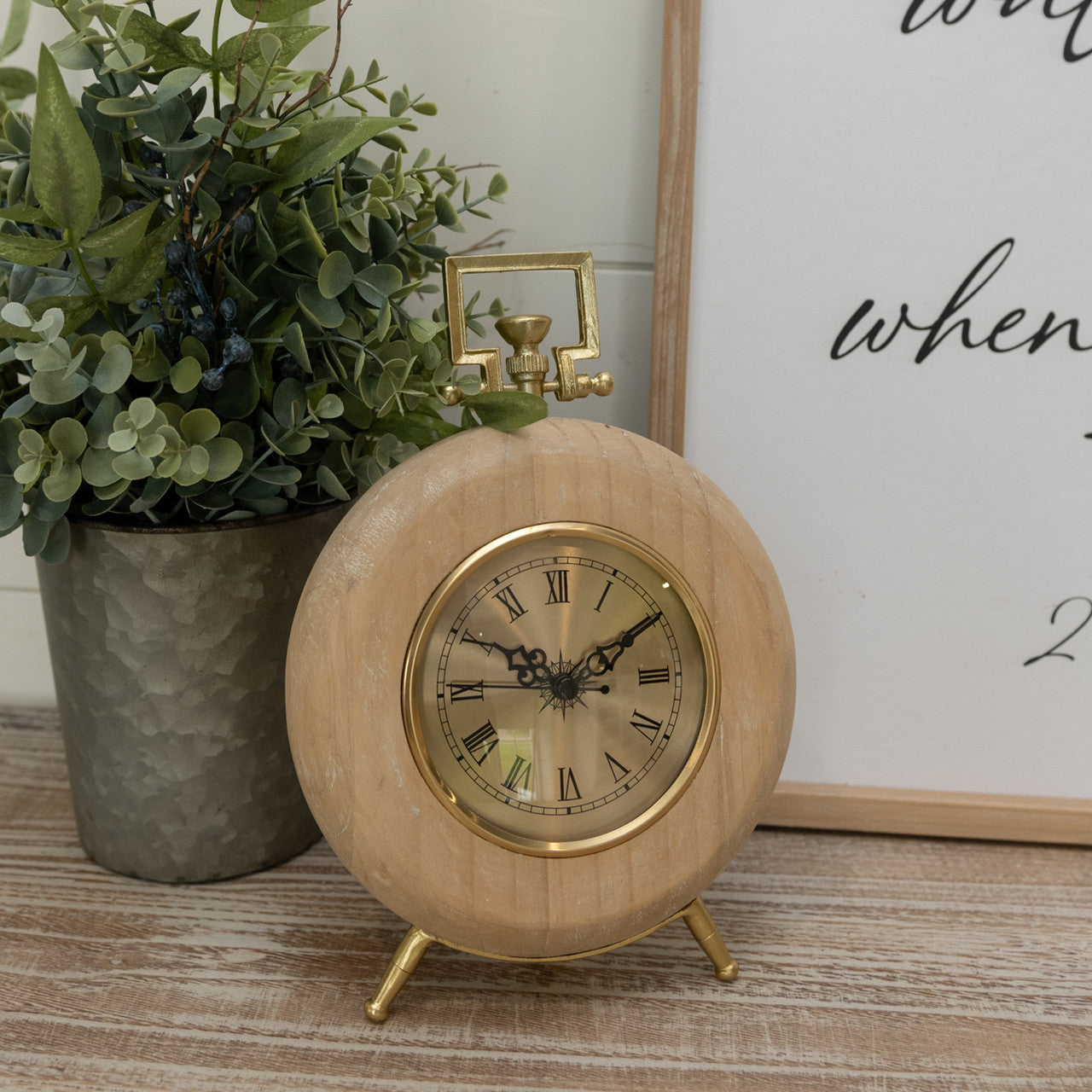 Round Wood & Gold Tabletop Clock