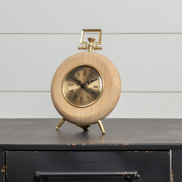 Round Wood & Gold Tabletop Clock