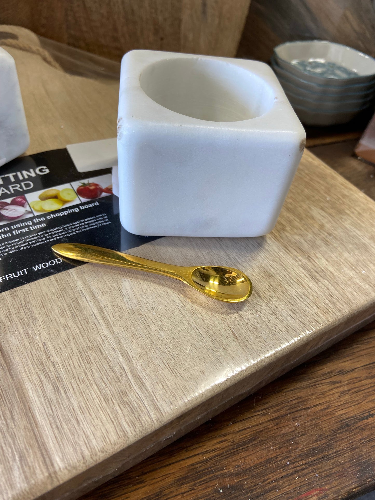 White Marble Dish with Brass Spoon