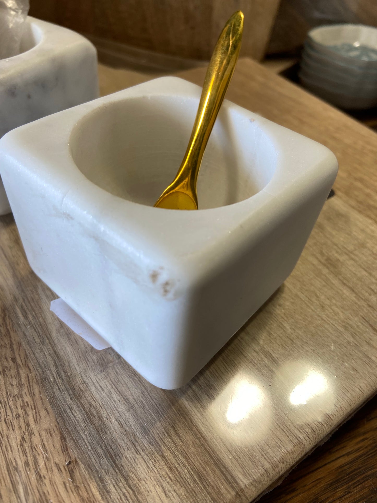 White Marble Dish with Brass Spoon